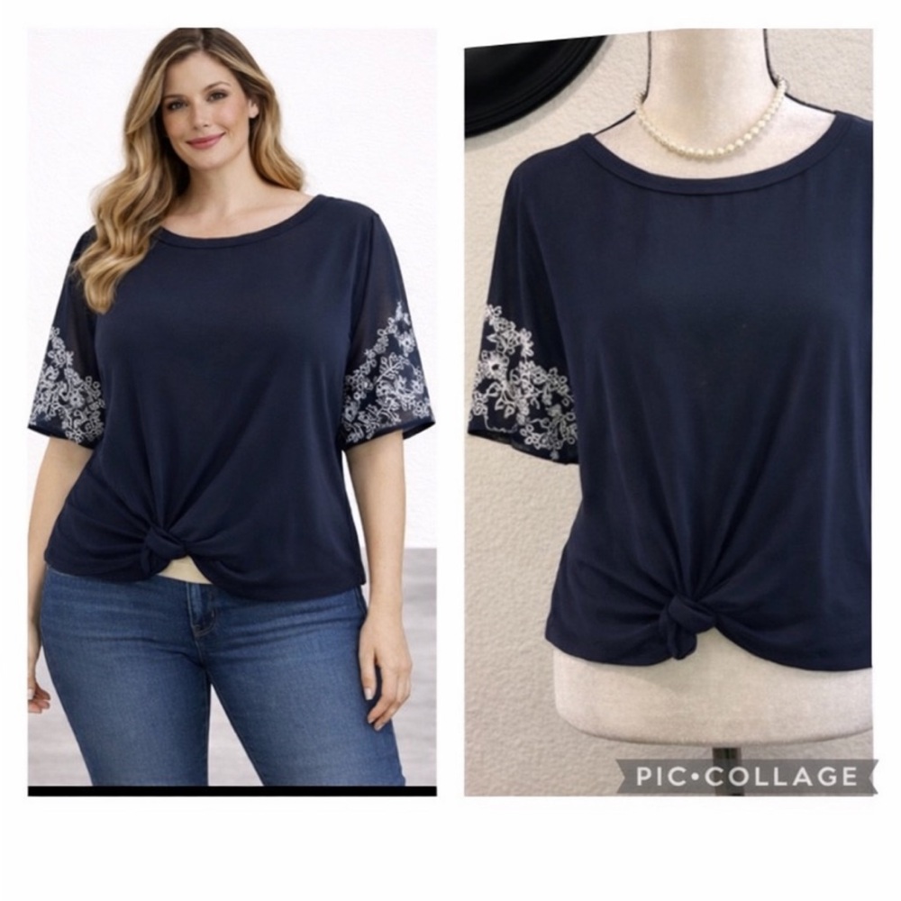 Sheer short sleeve embroidery blouse